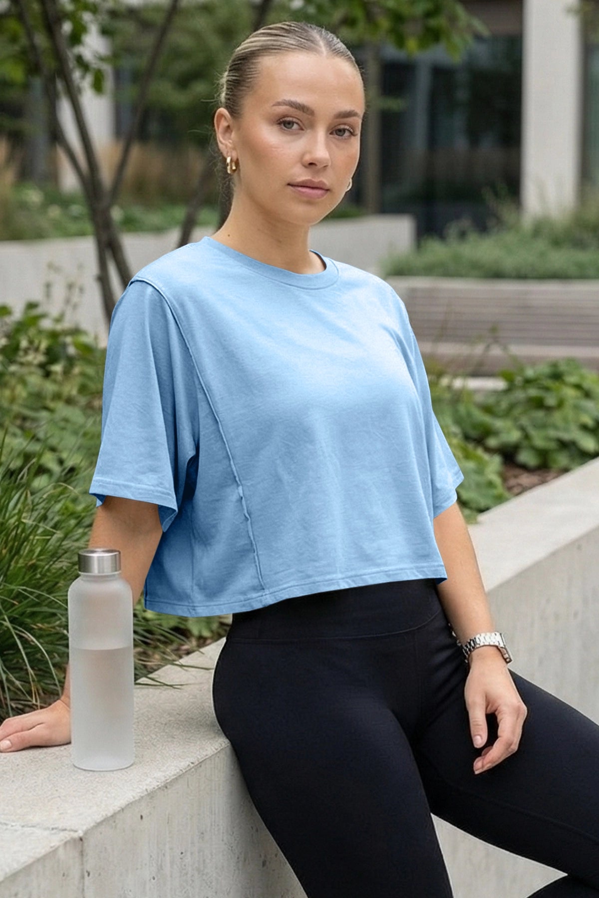 Fisoew Women's Light Blue Oversized Crop Tops Summer T-Shirt - Fisoew