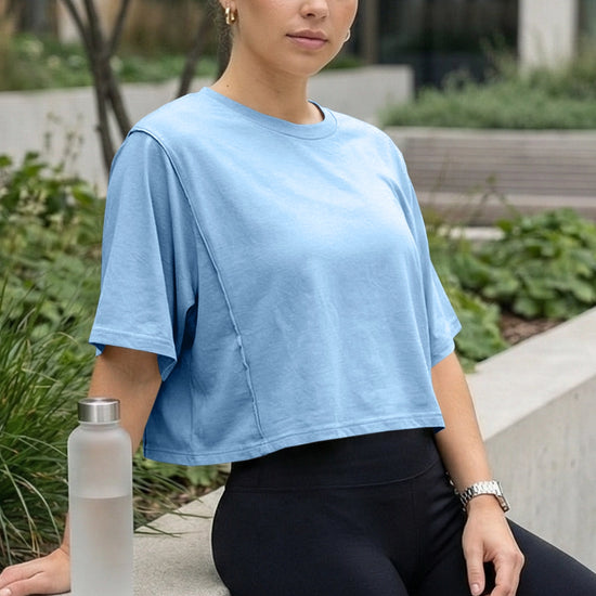 Fisoew Women's Light Blue Oversized Crop Tops Summer T-Shirt - Fisoew