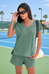 Fisoew Women's Army Green V Neck 2 Piece Casual Outfits - Fisoew
