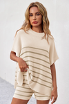 Fisoew Women's Apricot Striped Oversized Lounge Short Sets - Fisoew
