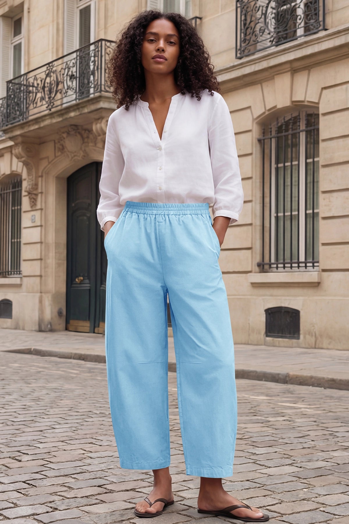 Fisoew Women's Sky Blue Wide Leg Barrel Pants - Fisoew