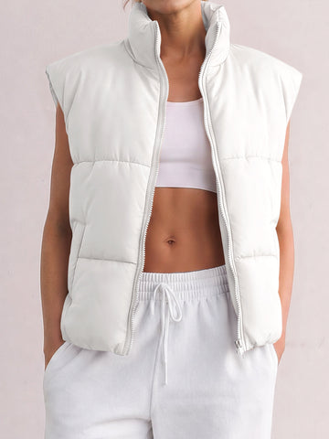 Mock Neck Quilted Puffy with Pockets Puffer Vests