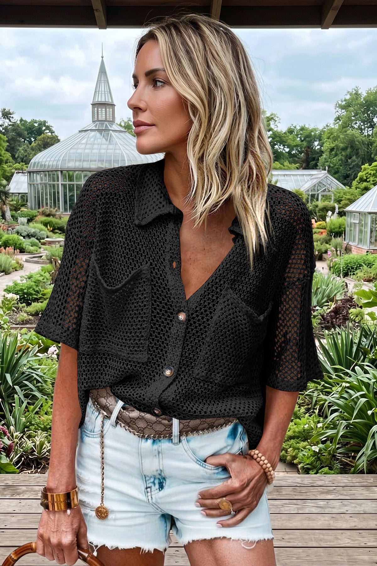 Fisoew Women's Black Crochet Lightweight Cardigan Sweaters Cover Up Shirts