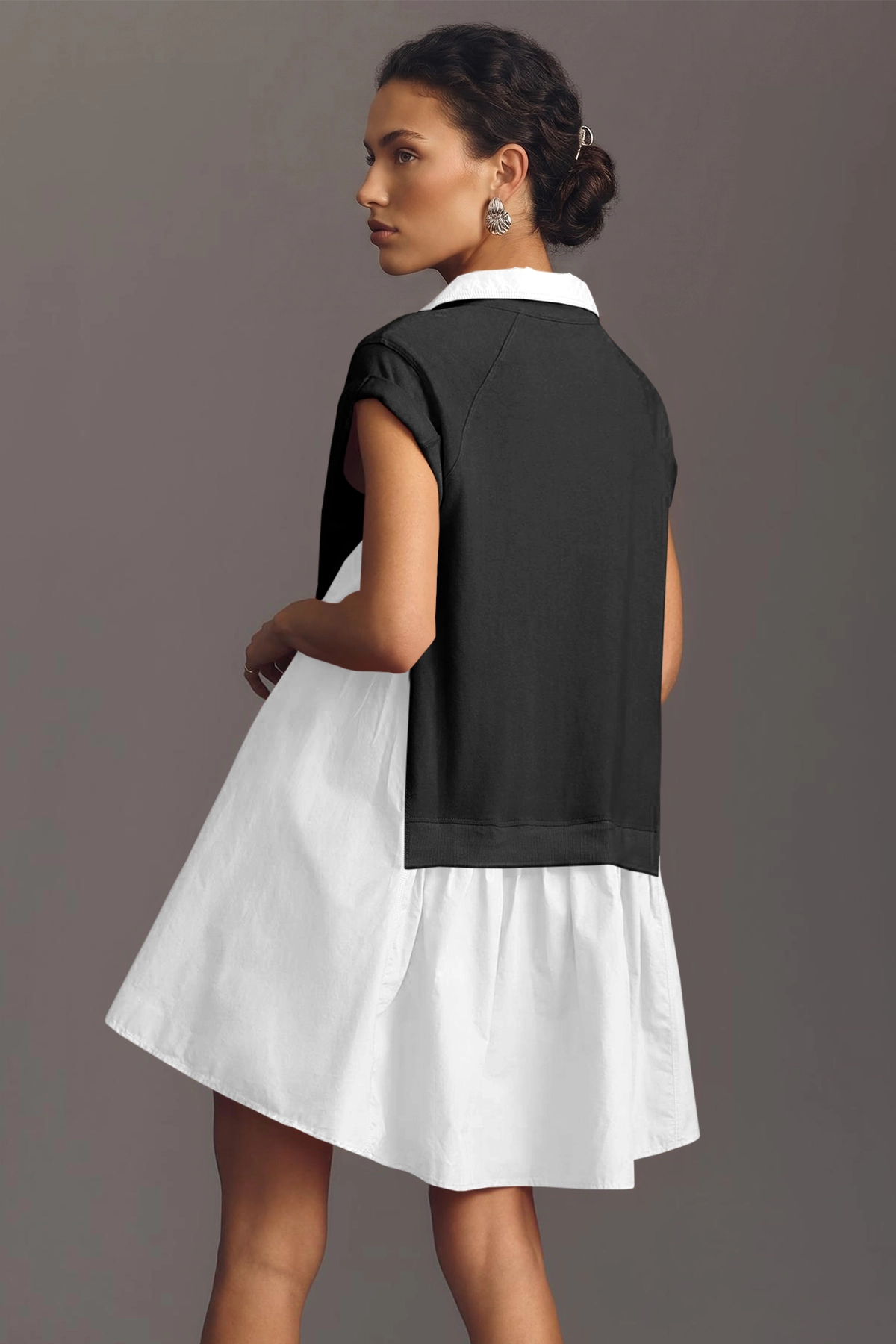 Fisoew Women's Black&white Oversized Patchwork Mini Dress