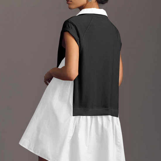 Fisoew Women's Black&white Oversized Patchwork Mini Dress - Fisoew
