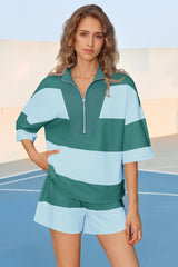 Womens Green 2 Piece Outfits Striped Sets Fisoew