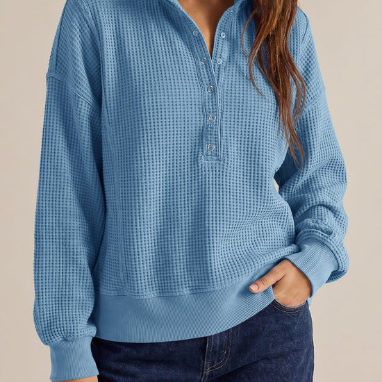 Waffle Knit Button Henley Pullover Sweatshirt - Fisoew