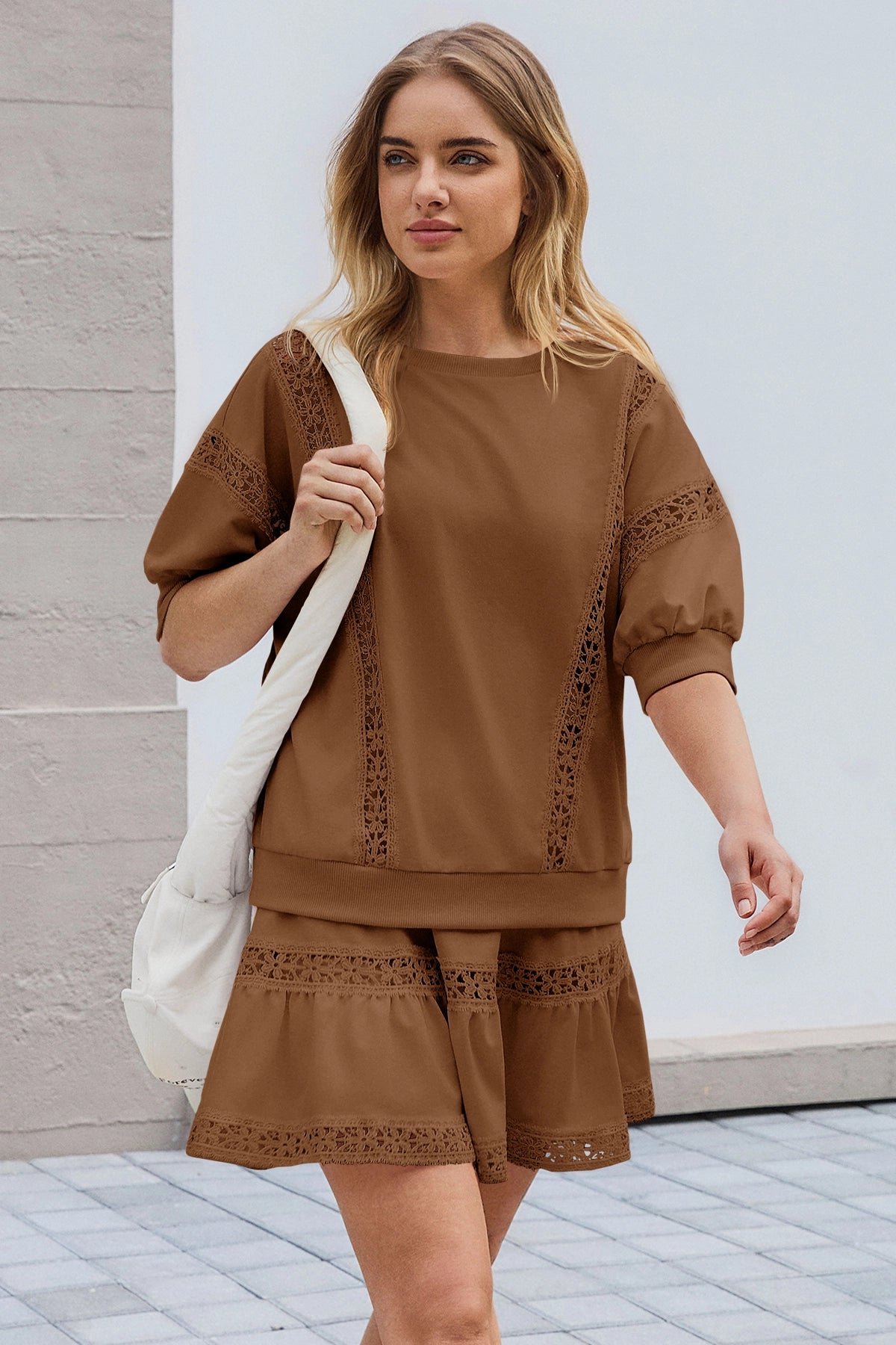 Womens Brown Lace Trim Puff Sleeve Two Piece Skirt Set Fisoew - Fisoew