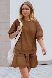 Womens Brown Lace Trim Puff Sleeve Two Piece Skirt Set Fisoew - Fisoew