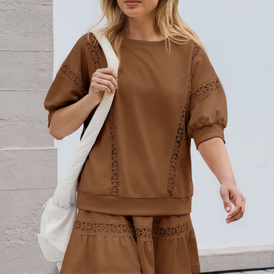 Womens Brown Lace Trim Puff Sleeve Two Piece Skirt Set Fisoew - Fisoew