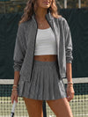 Stripe Zipper Jacket With Pleated Skirt Sets - Fisoew
