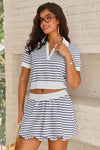 Fisoew Women??s Dark Blue Short Sleeves Shirts Bubble Mini Skirt Matching Sets - Fisoew