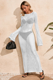 Fisoew Women's White Crochet  Long Sleeve Sexy Swimsuit Maxi Dress - Fisoew