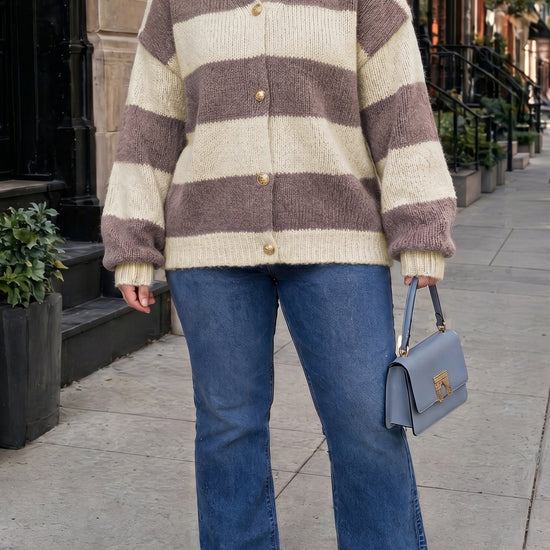 Striped Open Front Button Up Cardigans - Fisoew