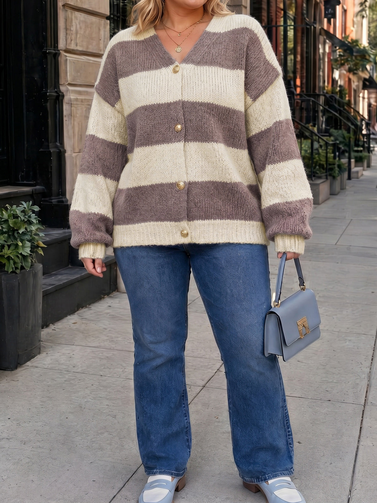Striped Open Front Button Up Cardigans - Fisoew