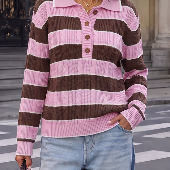 Colorblock Striped Half Button Pullovers - Fisoew
