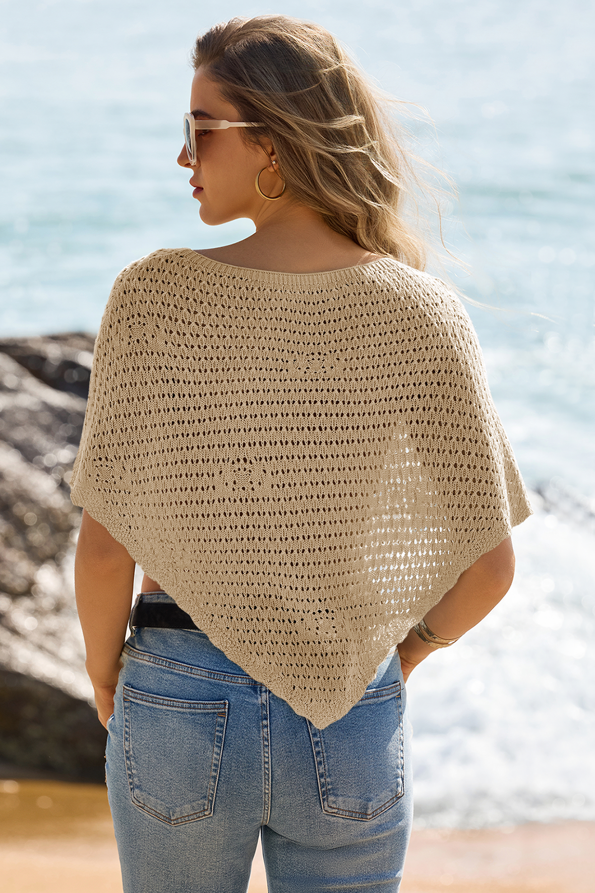 Fisoew Women's Khaki Sheer Shawl Boho Crochet Cover Ups - Fisoew