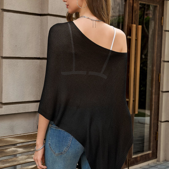 Fisoew Women's Black Sheer Lightweight Knit  Poncho Top - Fisoew