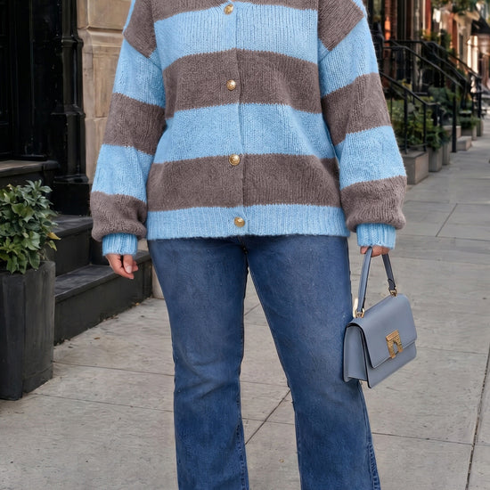 Striped Open Front Button Up Cardigans - Fisoew