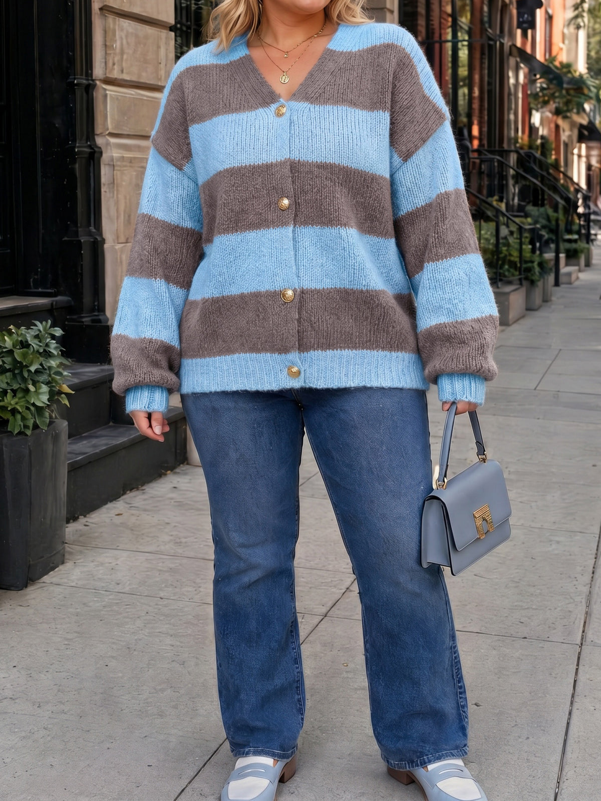 Striped Open Front Button Up Cardigans - Fisoew