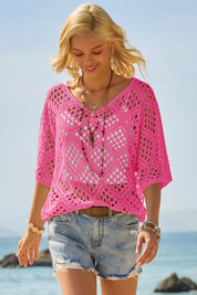Womens Pink Summer Short Sleeve Crochet Swimsuit Fisoew