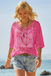 Womens Pink Summer Short Sleeve Crochet Swimsuit Fisoew - Fisoew