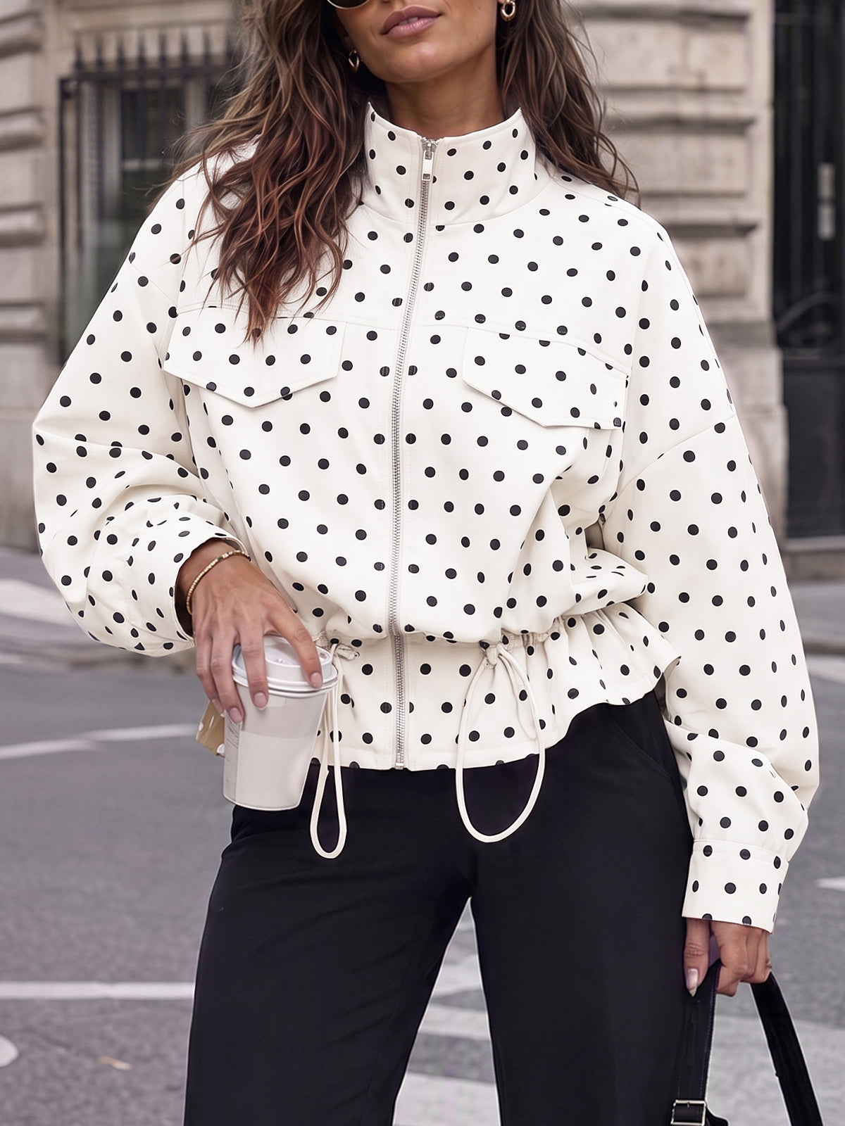 Zip Up Polka Dot Drwatring Jackets - Fisoew