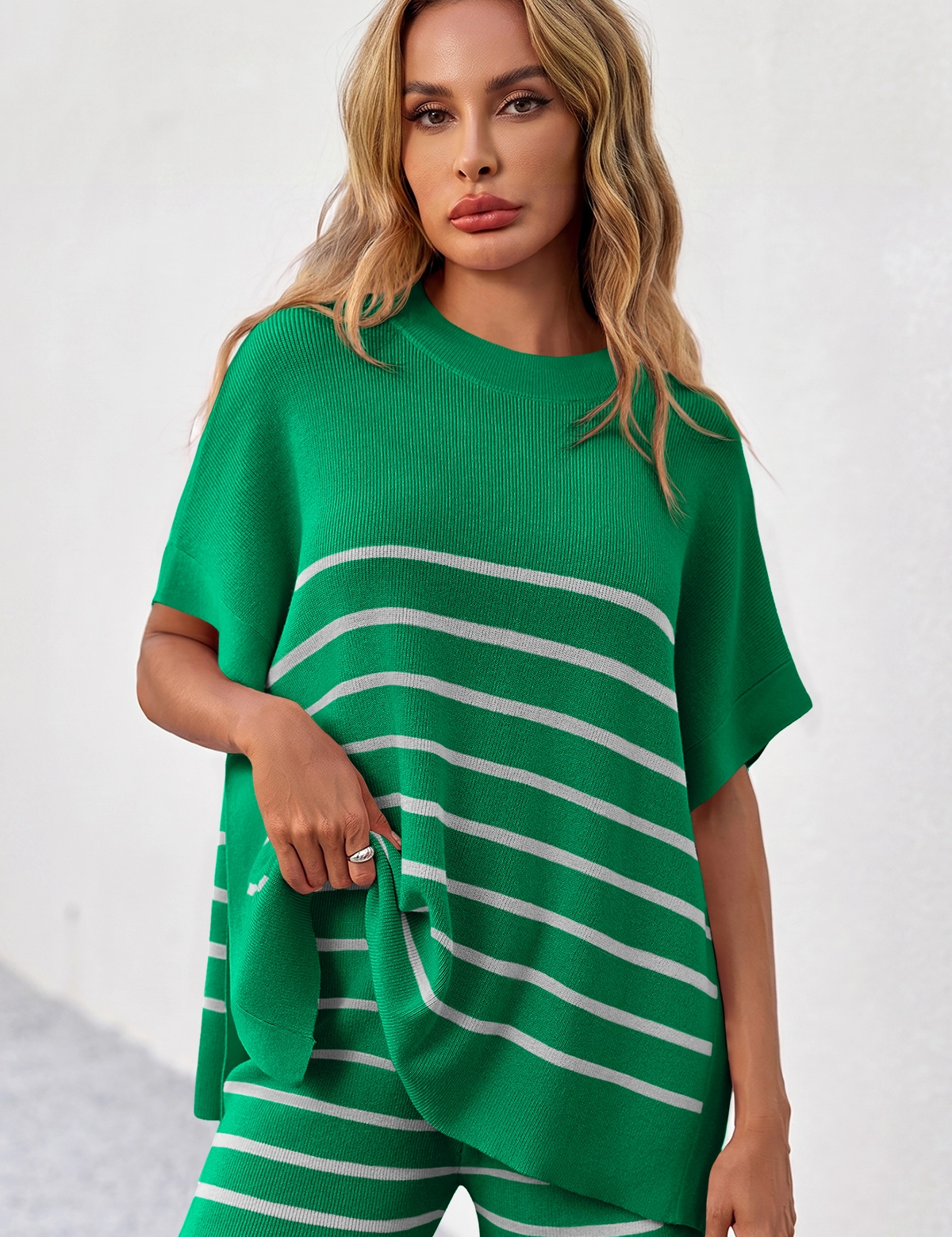Fisoew Women's Green Striped Oversized Lounge Short Sets - Fisoew