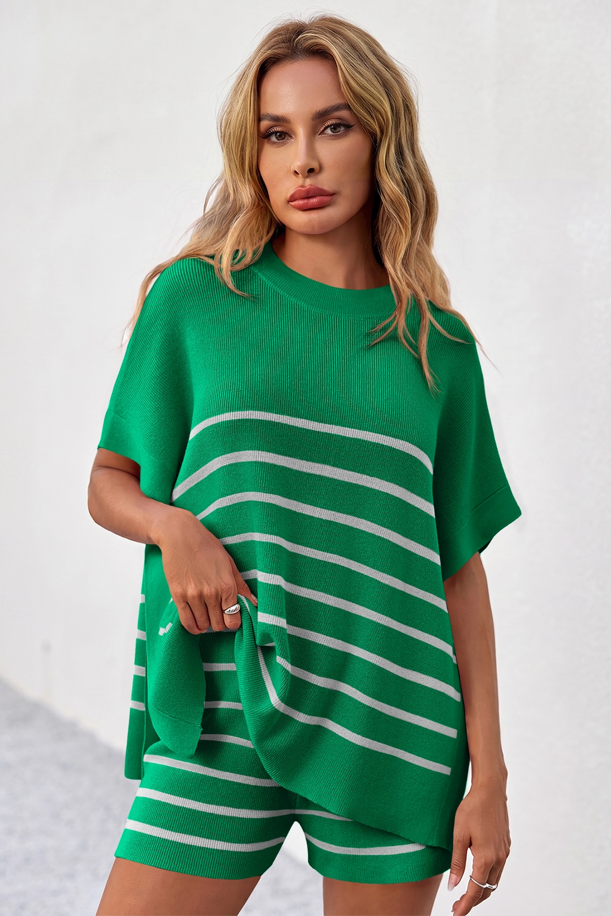 Fisoew Women's Green Striped Oversized Lounge Short Sets - Fisoew