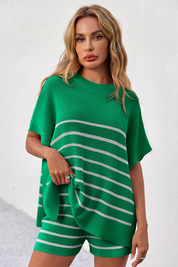 Fisoew Women's Green Striped Oversized Lounge Short Sets - Fisoew