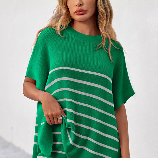 Fisoew Women's Green Striped Oversized Lounge Short Sets - Fisoew