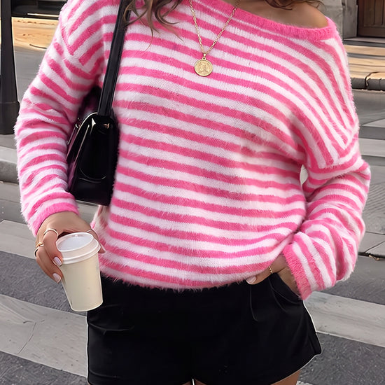 Off Shoulder Striped Knit Pullover - Fisoew