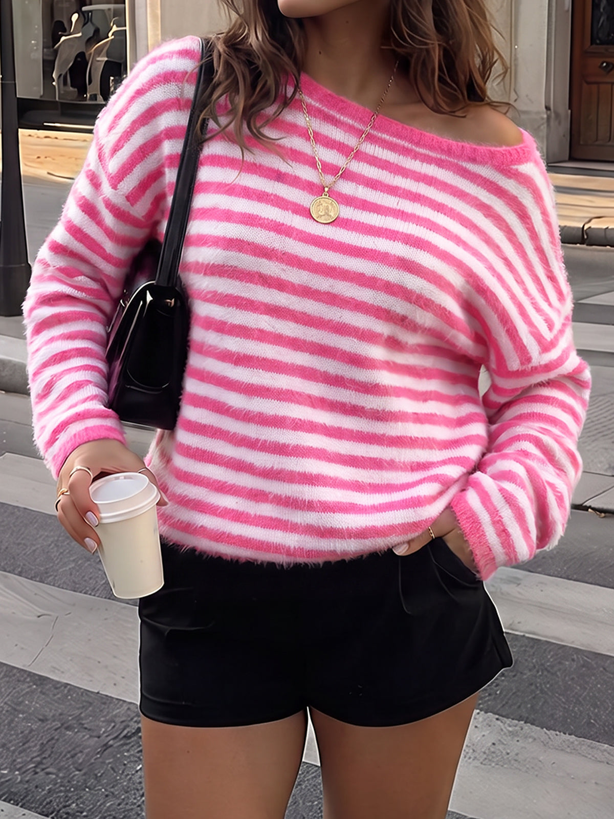 Off Shoulder Striped Knit Pullover - Fisoew