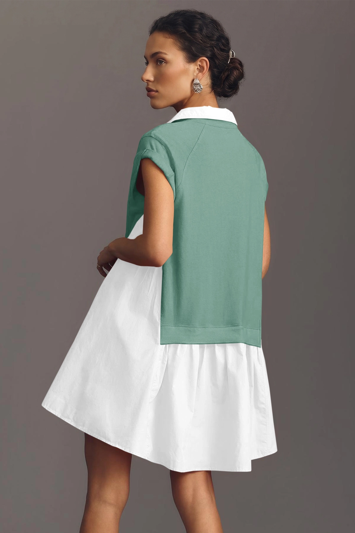 Fisoew Women's Green Oversized Patchwork Mini Dress