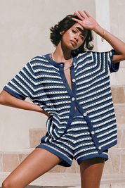 Fisoew Women's Navy Crochet Striped Knit Swimsuit 2-Piece Set