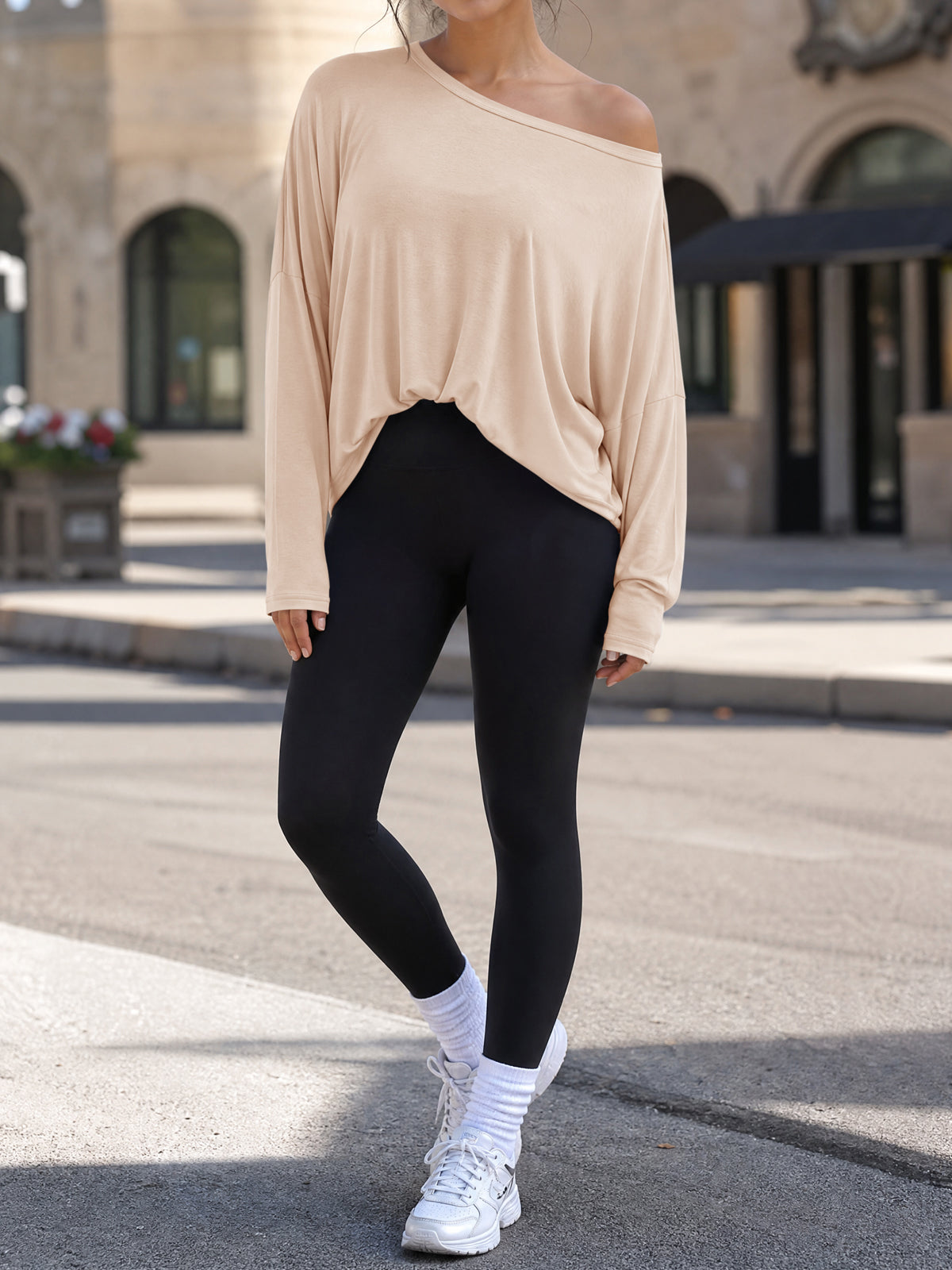 Off Shoulder Solid Long Sleeve T-Shirts - Fisoew