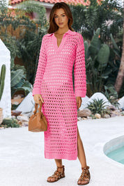 Fisoew Women's Pink Collared Long Sleeve Mesh Knit Maxi Dress - Fisoew