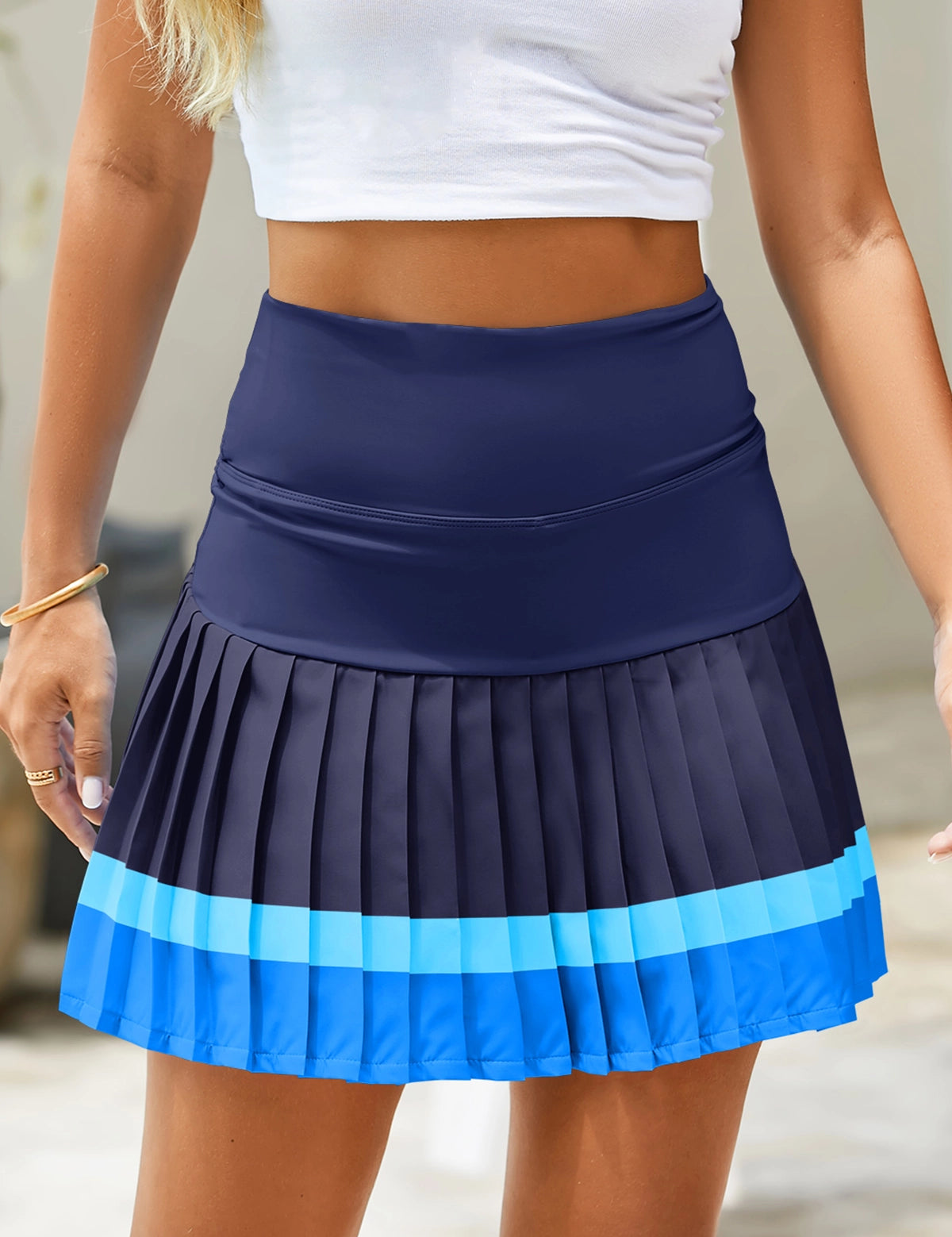 Fisoew Women's Dark Blue High Waisted Athletic Color Block Pleated Skirts - Fisoew