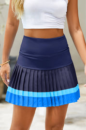 Fisoew Women's Dark Blue High Waisted Athletic Color Block Pleated Skirts - Fisoew