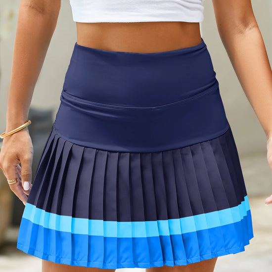 Fisoew Women's Dark Blue High Waisted Athletic Color Block Pleated Skirts - Fisoew
