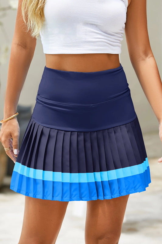 Fisoew Women's Dark Blue High Waisted Athletic Color Block Pleated Skirts - Fisoew