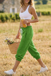 Fisoew Women's Green Capri Joggers Trendy Drawstring Waist Sweatpants - Fisoew