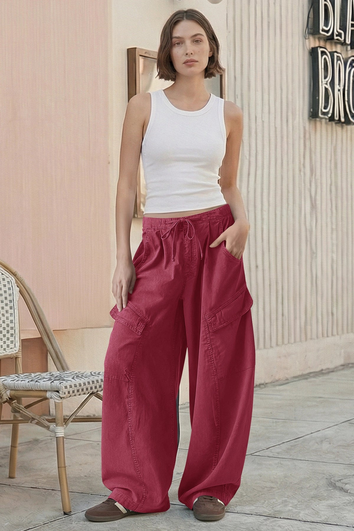 Fisoew Women's Burgundy Barrel Baggy Cargo Pants - Fisoew