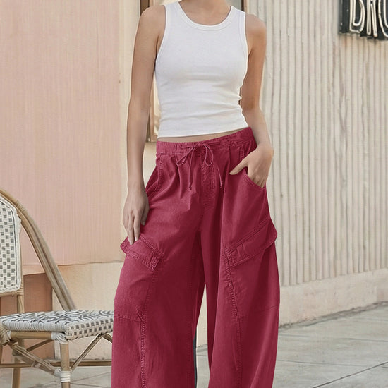 Fisoew Women's Burgundy Barrel Baggy Cargo Pants - Fisoew