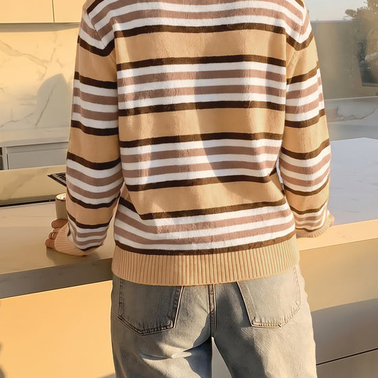 Quarter Zip Striped Long Sleeve Pullover - Fisoew