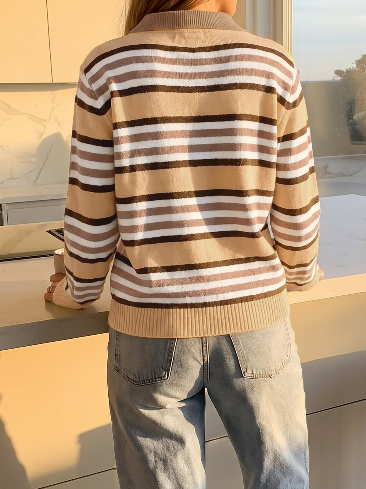 Quarter Zip Striped Long Sleeve Pullover - Fisoew