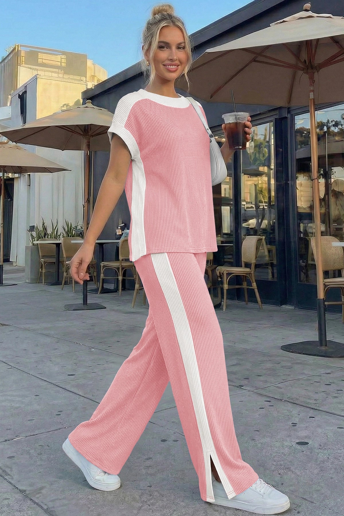 Womens Pink Short Sleeve Top & Pants Cozy Set  Fisoew