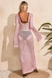 Fisoew Women's Pink Crochet  Long Sleeve Sexy Swimsuit Maxi Dress - Fisoew