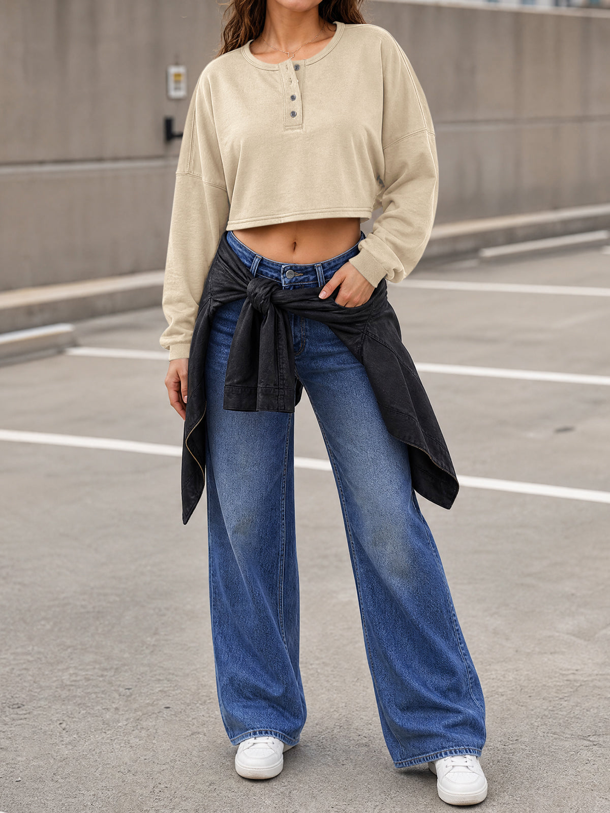 Long Sleeve Oversized Cropped Sweatshirts - Fisoew