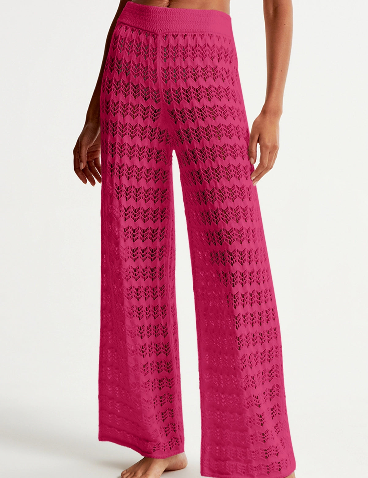 Fisoew Women‘s Rose Red Crochet Sheer Mesh Cover Up Pants - Fisoew